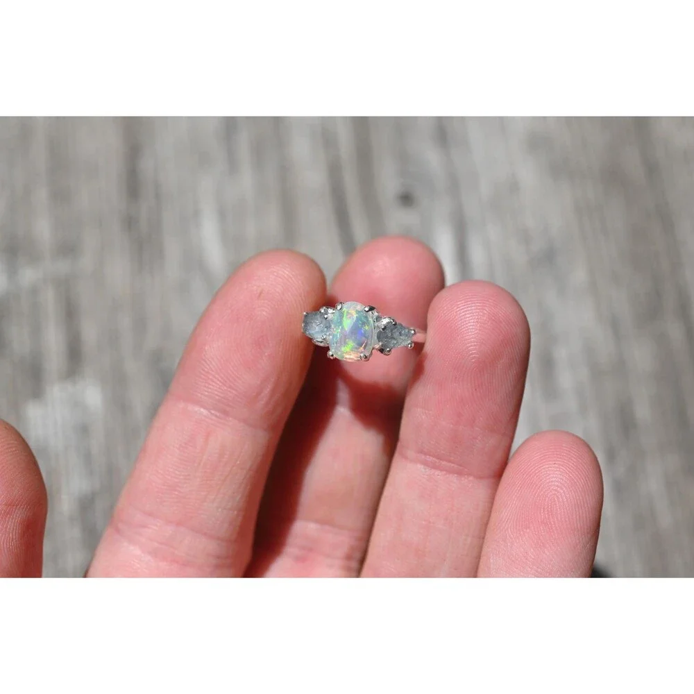 Sterling Silver Opal & Montana Sapphire Ring - Size 5
